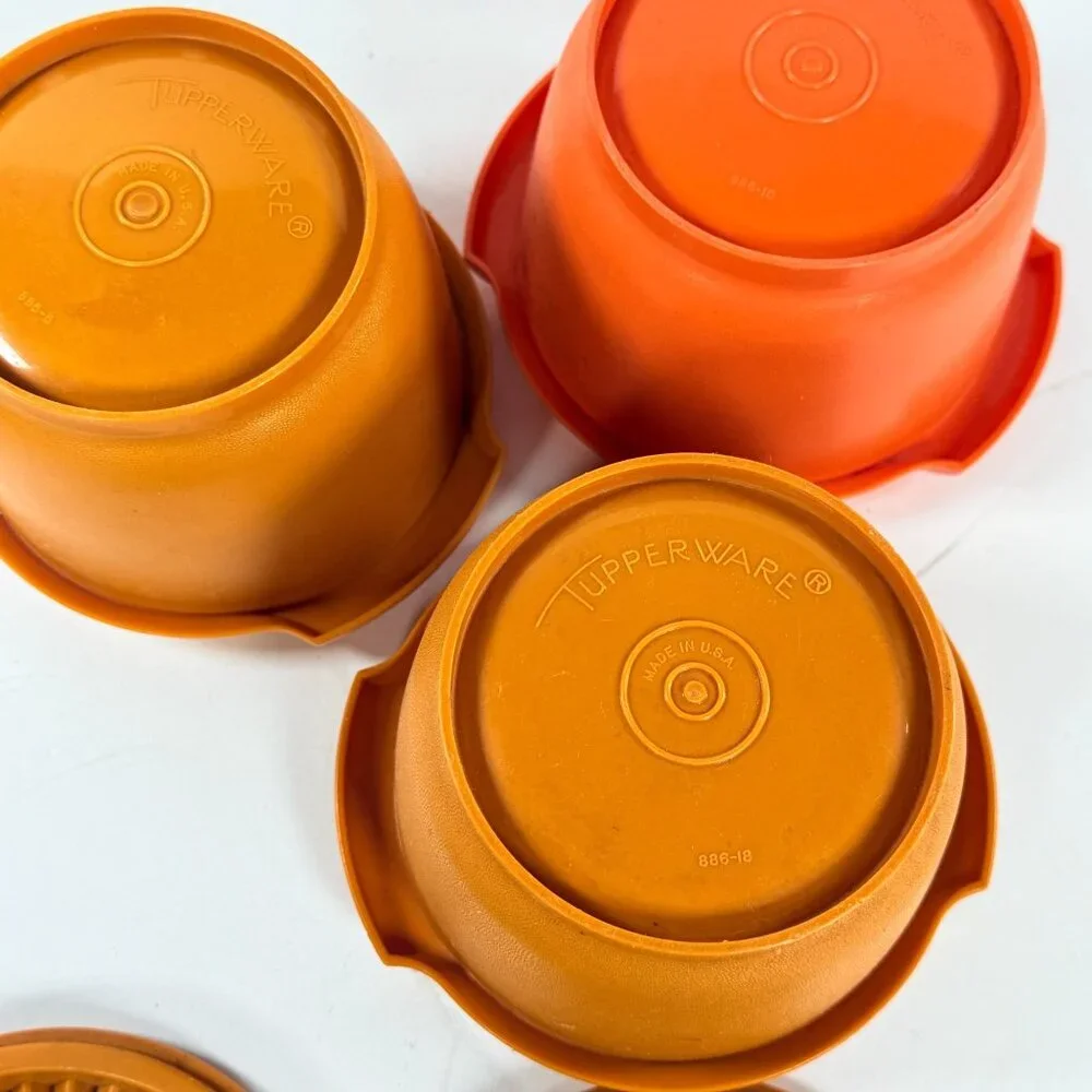 Vintage 3 Tupperware Servalier Bowls w/ Sunburst Lids Brown Yellow Orange 1970s